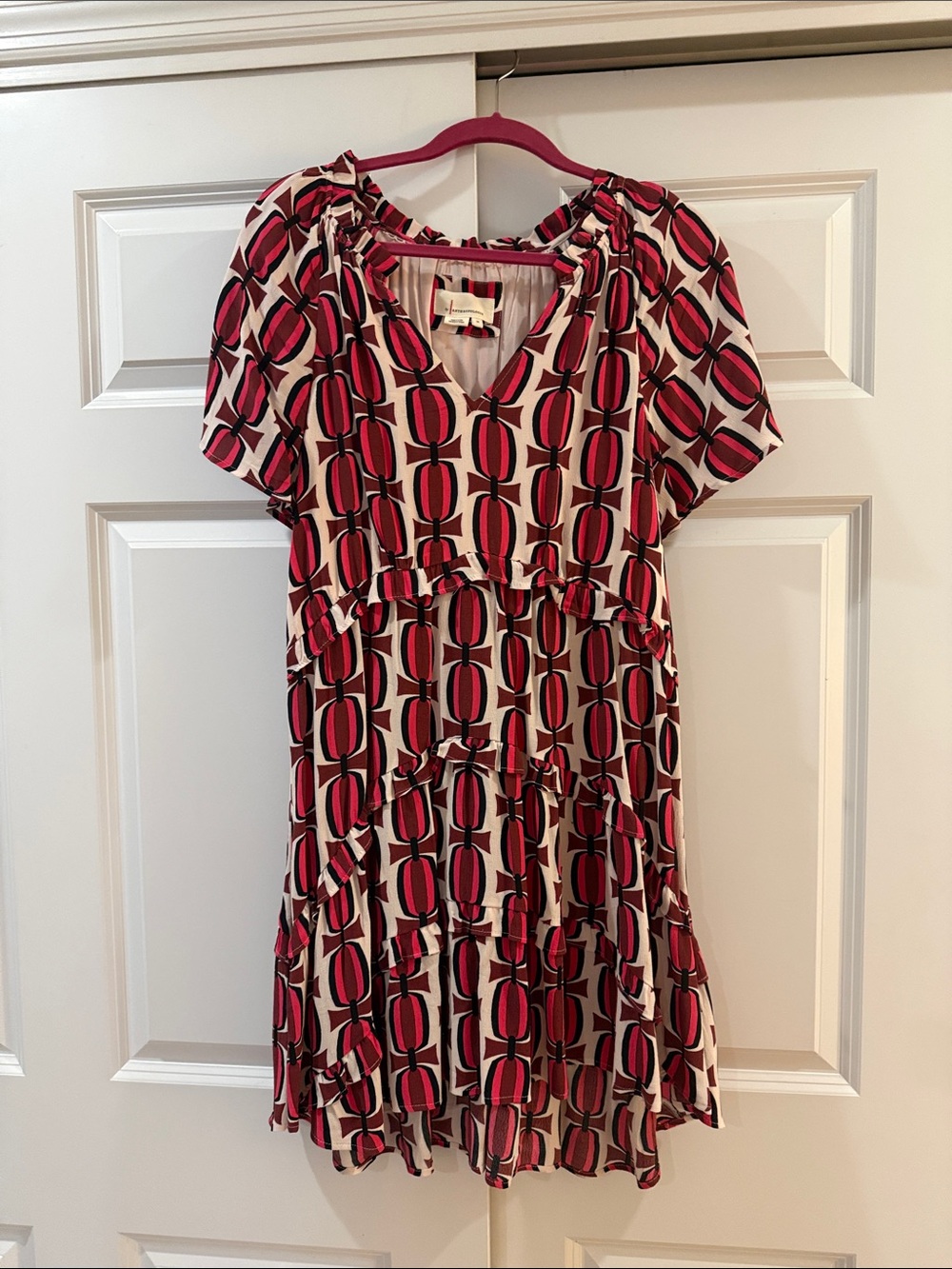 Anthropologie Pink, Black and White Geometric Midi Dress